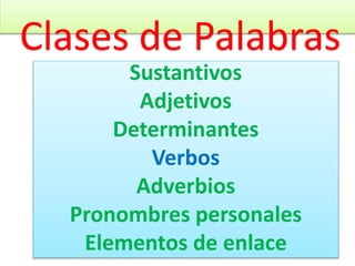 Clases de Palabras
Sustantivos
Adjetivos
Determinantes
Verbos
Adverbios
Pronombres personales
Elementos de enlace
 