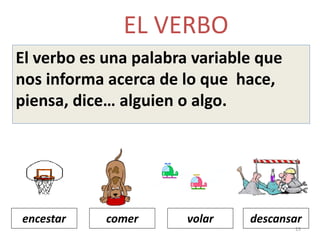 15
EL VERBO
El verbo es una palabra variable que
nos informa acerca de lo que hace,
piensa, dice… alguien o algo.
encestar comer volar descansar
 