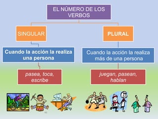 46
EL NÚMERO DE LOS
VERBOS
SINGULAR
Cuando la acción la realiza
una persona
pasea, toca,
escribe
PLURAL
Cuando la acción la realiza
más de una persona
juegan, pasean,
hablan
 