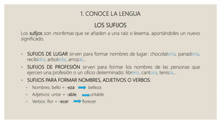 1. CONOCE LA LENGUA
LOS SUFIJOS
Los sufijos son morfemas que se añaden a una raíz o lexema, aportándoles un nuevo
significado.
◦ SUFIJOS DE LUGAR sirven para formar nombres de lugar: chocolatería, panadería,
recibidor, arboleda, arrozal…
◦ SUFIJOS DE PROFESIÓN sirven para formar los nombres de las personas que
ejercen una profesión o un oficio determinado: librero, cantora, tenista…
◦ SUFIJOS PARA FORMAR NOMBRES, ADJETIVOS O VERBOS:
◦ Nombres: bello + -eza belleza
◦ Adjetivos: untar + -able untable
◦ Verbos: flor + -ecer florecer
 