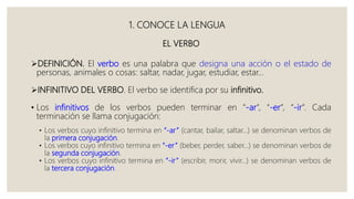 1. CONOCE LA LENGUA
EL VERBO
DEFINICIÓN. El verbo es una palabra que designa una acción o el estado de
personas, animales o cosas: saltar, nadar, jugar, estudiar, estar…
INFINITIVO DEL VERBO. El verbo se identifica por su infinitivo.
• Los infinitivos de los verbos pueden terminar en “-ar”, “-er”, “-ir”. Cada
terminación se llama conjugación:
• Los verbos cuyo infinitivo termina en “-ar” (cantar, bailar, saltar…) se denominan verbos de
la primera conjugación.
• Los verbos cuyo infinitivo termina en “-er” (beber, perder, saber…) se denominan verbos de
la segunda conjugación.
• Los verbos cuyo infinitivo termina en “-ir” (escribir, morir, vivir…) se denominan verbos de
la tercera conjugación.
 