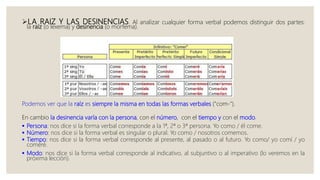 LA RAIZ Y LAS DESINENCIAS. Al analizar cualquier forma verbal podemos distinguir dos partes:
la raíz (o lexema) y desinencia (o morfema).
Podemos ver que la raíz es siempre la misma en todas las formas verbales ("com-").
En cambio la desinencia varía con la persona, con el número, con el tiempo y con el modo.
 Persona: nos dice si la forma verbal corresponde a la 1ª, 2ª o 3ª persona. Yo como / él come.
 Número: nos dice si la forma verbal es singular o plural. Yo como / nosotros comemos.
 Tiempo: nos dice si la forma verbal corresponde al presente, al pasado o al futuro. Yo como/ yo comí / yo
comeré.
 Modo: nos dice si la forma verbal corresponde al indicativo, al subjuntivo o al imperativo (lo veremos en la
próxima lección).
 