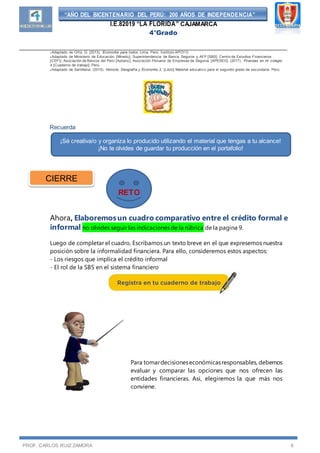 “AÑO DEL BICENTENARIO DEL PERÚ: 200 AÑOS DE INDEPENDENCIA”
I.E.82019 “LA FLORIDA” CAJAMARCA
4°Grado
__________________________________________________________________________________
PROF. CARLOS RUIZ ZAMORA 6
1 Adaptado de Ortiz, G. (2013). Economía para todos. Lima, Perú: Instituto APOYO.
2 Adaptado de Ministerio de Educación, [Minedu]; Superintendencia de Banca, Seguros y AFP [SBS]; Centro de Estudios Financieros
[CEFI]; Asociación de Bancos del Perú [Asbanc]; Asociación Peruana de Empresas de Seguros [APESEG]. (2017). Finanzas en mi colegio
4 [Cuaderno de trabajo]. Perú.
3 Adaptado de Santillana. (2015). Historia, Geografía y Economía 2. [Libro] Material educativ o para el segundo grado de secundaria. Perú.
Recuerda
Ahora, Elaboremosun cuadro comparativo entre el crédito formal e
informal no olvides seguir las indicaciones de la rúbrica de la pagina 9.
Luego de completar el cuadro, Escribamos un texto breve en el que expresemos nuestra
posición sobre la informalidad financiera. Para ello, consideremos estos aspectos:
- Los riesgos que implica el crédito informal
- El rol de la SBS en el sistema financiero
Para tomardecisioneseconómicasresponsables, debemos
evaluar y comparar las opciones que nos ofrecen las
entidades financieras. Así, elegiremos la que más nos
conviene.
RETO
¡Sé creativa/o y organiza lo producido utilizando el material que tengas a tu alcance!
¡No te olvides de guardar tu producción en el portafolio!
CIERRE
 