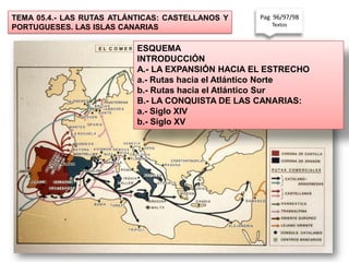 TEMA 05.4.- LAS RUTAS ATLÁNTICAS: CASTELLANOS Y    Pag 96/97/98
                                                      Textos
PORTUGUESES. LAS ISLAS CANARIAS

                           ESQUEMA
                           INTRODUCCIÓN
                           A.- LA EXPANSIÓN HACIA EL ESTRECHO
                           a.- Rutas hacia el Atlántico Norte
                           b.- Rutas hacia el Atlántico Sur
                           B.- LA CONQUISTA DE LAS CANARIAS:
                           a.- Siglo XIV
                           b.- Siglo XV
 