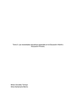 Tema 5. Las necesidades educativas especiales en la Educación Infantil o
Educación Primaria.
Mirian González Tamayo
Silvia Santamaría Merino
 