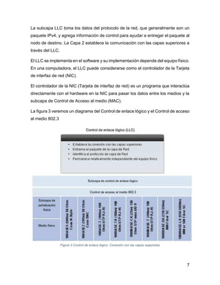 7
La subcapa LLC toma los datos del protocolo de la red, que generalmente son un
paquete IPv4, y agrega información de control para ayudar a entregar el paquete al
nodo de destino. La Capa 2 establece la comunicación con las capas superiores a
través del LLC.
El LLC se implementa en el software y su implementación depende del equipo físico.
En una computadora, el LLC puede considerarse como el controlador de la Tarjeta
de interfaz de red (NIC).
El controlador de la NIC (Tarjeta de interfaz de red) es un programa que interactúa
directamente con el hardware en la NIC para pasar los datos entre los medios y la
subcapa de Control de Acceso al medio (MAC).
La figura 3 veremos un diagrama del Control de enlace lógico y el Control de acceso
al medio 802.3
Figura 3 Control de enlace lógico: Conexión con las capas superiores
 