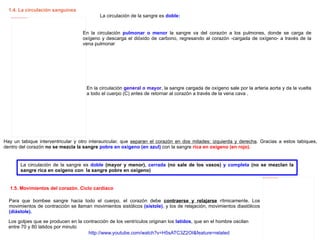1.4. La circulación sanguínea La circulación de la sangre es  doble: En la circulación  pulmonar o menor  la sangre va del corazón a los pulmones, donde se carga de oxígeno y descarga el dióxido de carbono, regresando al corazón -cargada de oxígeno- a través de la vena pulmonar En la circulación  general o mayor , la sangre cargada de oxígeno sale por la arteria aorta y da la vuelta a todo el cuerpo (C) antes de retornar al corazón a través de la vena cava .  Hay un tabique interventricular y otro interauricular, que  separan el corazón en dos mitades: izquierda y derecha . Gracias a estos tabiques, dentro del corazón  no se mezcla la sangre   pobre en oxígeno (en azul)  con la sangre  rica en oxígeno (en rojo). Para que bombee sangre hacia todo el cuerpo, el corazón debe  contraerse y relajarse  rítmicamente. Los movimientos de contracción se llaman movimientos sistólicos  (sístole) , y los de relajación, movimientos diastólicos  (diástole). La circulación de la sangre es  doble  (mayor y menor) , cerrada  (no sale de los vasos)  y completa  (no se mezclan la sangre rica en oxígeno con  la sangre pobre en oxígeno) 1.5. Movimientos del corazón. Ciclo cardíaco Los golpes que se producen en la contracción de los ventrículos originan los  latidos , que en el hombre oscilan entre 70 y 80 latidos por minuto http://www.youtube.com/watch?v=H5sATC3Z2OI&feature=related 