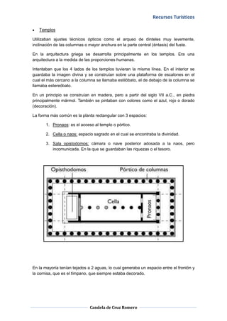 Recursos Turísticos

   Templos

Utilizaban ajustes técnicos ópticos como el arqueo de dinteles muy levemente,
inclinación de las columnas o mayor anchura en la parte central (éntasis) del fuste.

En la arquitectura griega se desarrolla principalmente en los templos. Era una
arquitectura a la medida de las proporciones humanas.

Intentaban que los 4 lados de los templos tuvieran la misma línea. En el interior se
guardaba la imagen divina y se construían sobre una plataforma de escalones en el
cual el más cercano a la columna se llamaba estilóbato, el de debajo de la columna se
llamaba estereóbato.

En un principio se construían en madera, pero a partir del siglo VII a.C., en piedra
principalmente mármol. También se pintaban con colores como el azul, rojo o dorado
(decoración).

La forma más común es la planta rectangular con 3 espacios:

       1. Pronaos: es el acceso al templo o pórtico.

       2. Cella o naos: espacio sagrado en el cual se encontraba la divinidad.

       3. Sala opistodomos: cámara o nave posterior adosada a la naos, pero
          incomunicada. En la que se guardaban las riquezas o el tesoro.




En la mayoría tenían tejados a 2 aguas, lo cual generaba un espacio entre el frontón y
la cornisa, que es el tímpano, que siempre estaba decorado.




                              Candela de Cruz Romero
 