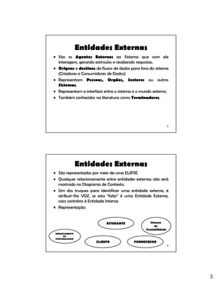 3
5
Entidades Externas
• São os Agentes Externos ao Sistema que com ele
interagem, gerando estímulos e recebendo respostas.
• Origens e destinos de fluxos de dados para fora do sistema
(Criadores e Consumidores de Dados)
• Representam Pessoas, Orgãos, Sectores ou outros
Sistemas.
• Representam a interface entre o sistema e o mundo externo.
• Também conhecidos na literatura como Terminadores.
6
Entidades Externas
• São representadas por meio de uma ELIPSE
• Qualquer relacionamente entre entidades externas não será
mostrado no Diagrama de Contexto.
• Um dos truques para identificar uma entidade externa, é
atribuir-lhe VOZ, se esta "falar" é uma Entidade Externa,
caso contrário é Entidade Interna
• Representação:
CLIENTE
DEPARTAMENTO
DE
CONTABILIDADE
FORNECEDOR
Sistema
de
Contabilidade
ESTUDANTE
 