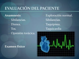 EVALUACIÓN DEL PACIENTE
Anamnesis                - Exploración normal.
  - Sibilancias.         - Sibilancias.
  - Disnea.              - Taquipnea.
  - Tos.                 - Taquicardia
  - Opresión torácica.




Examen físico
 
