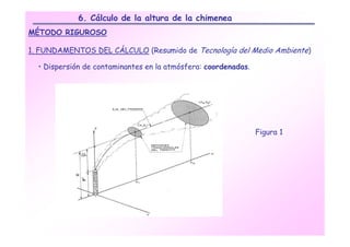 6. Cálculo de la altura de la chimenea
MÉTODO RIGUROSO

1. FUNDAMENTOS DEL CÁLCULO (Resumido de Tecnología del Medio Ambiente)

  • Dispersión de contaminantes en la atmósfera: coordenadas.




                                                                Figura 1
 