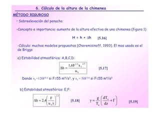 6. Cálculo de la altura de la chimenea
MÉTODO RIGUROSO
 • Sobreelevación del penacho

 -Concepto e importancia: aumento de la altura efectiva de una chimenea (figura 1)

                                          H = h + ∆h            [5.16]
 -Cálculo: muchos modelos propuestos (Cheremisinoff, 1993). El mas usado es el
 de Briggs

 a) Estabilidad atmosférica: A,B,C,D:
                                                     2/3
                                      1,6F 1/3 x f
                                 ∆h =                            [5.17]
                                          uh
    Donde xf =120F0.4 si F≥55 m4/s3, y xf = 50F5/8 si F≤55 m4/s3


   b) Estabilidad atmosférica: E,F:
                           1/3
                    F                                         g  dTa    
           ∆h = 2,4
                   u γ
                                        [5.18]            γ=          + Γ   [5.19]
                    h                                         Ta  dz    
 