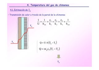 4. Temperatura del gas de chimenea

  4.1. Estimación de Tg

• Transmisión de calor a través de la pared de la chimenea

                             1   1   e   e   e    1
                               =    + 1 + 2 + 3 +
                             U h int k 1 k 2 k 3 h ext
                      Tg




   Ta                           Q = U·A·(Tg − Ta )

                               Q = m g c P (T1 − T2 )



                                                     Tg
 