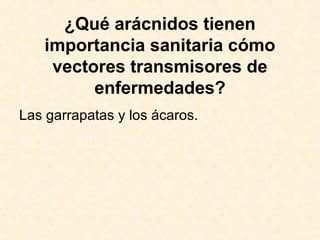 ¿Qué arácnidos tienen
importancia sanitaria cómo
vectores transmisores de
enfermedades?
Las garrapatas y los ácaros.
 
