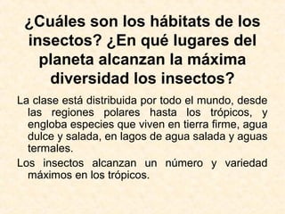 ¿Cuáles son los hábitats de los
insectos? ¿En qué lugares del
planeta alcanzan la máxima
diversidad los insectos?
La clase está distribuida por todo el mundo, desde
las regiones polares hasta los trópicos, y
engloba especies que viven en tierra firme, agua
dulce y salada, en lagos de agua salada y aguas
termales.
Los insectos alcanzan un número y variedad
máximos en los trópicos.
 