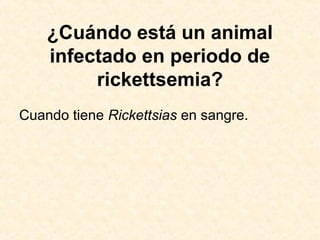 ¿Cuándo está un animal
infectado en periodo de
rickettsemia?
Cuando tiene Rickettsias en sangre.
 