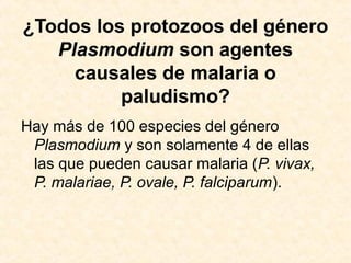 ¿Todos los protozoos del género
Plasmodium son agentes
causales de malaria o
paludismo?
Hay más de 100 especies del género
Plasmodium y son solamente 4 de ellas
las que pueden causar malaria (P. vivax,
P. malariae, P. ovale, P. falciparum).
 