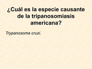 ¿Cuál es la especie causante
de la tripanosomiasis
americana?
Trypanosoma cruzi.
 