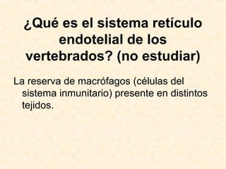 ¿Qué es el sistema retículo
endotelial de los
vertebrados? (no estudiar)
La reserva de macrófagos (células del
sistema inmunitario) presente en distintos
tejidos.
 