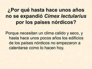 ¿Por qué hasta hace unos años
no se expandió Cimex lectularius
por los países nórdicos?
Porque necesitan un clima calido y seco, y
hasta hace unos pocos años los edificios
de los países nórdicos no empezaron a
calentarse como lo hacen hoy.
 