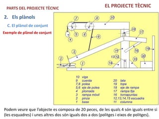 PARTS DEL PROJECTE TÈCNIC                             EL PROJECTE TÈCNIC

2. Els plànols
  C. El plànol de conjunt
Exemple de plànol de conjunt




Podem veure que l’objecte es composa de 20 peces, de les quals 4 són iguals entre si
(les esquadres) i unes altres dos són iguals dos a dos (politges i eixos de politges).
 