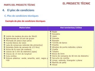 PARTS DEL PROJECTE TÈCNIC                  EL PROJECTE TÈCNIC

4. El plec de condicions
 C. Plec de condicions tècniques
  Exemple de plec de condicions tècniques
 