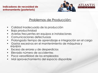 Indicadores de necesidad de entrenamiento (posterioris) Problemas de Producción: Calidad inadecuada de la producción Baja productividad Averías frecuentes en equipos e instalaciones Comunicaciones defectuosas Prolongado tiempo de aprendizaje e integración en el cargo Gastos excesivos en el mantenimiento de máquinas y equipos Exceso de errores y de desperdicios Elevado número de accidentes Poca versatilidad de los empleados Mal aprovechamiento del espacio disponible 
