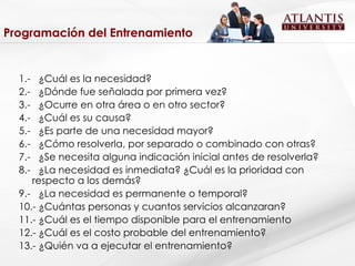 Programación del Entrenamiento 1.-  ¿Cuál es la necesidad? 2.-  ¿Dónde fue señalada por primera vez? 3.-  ¿Ocurre en otra área o en otro sector? 4.-  ¿Cuál es su causa? 5.-  ¿Es parte de una necesidad mayor?  6.-  ¿Cómo resolverla, por separado o combinado con otras? 7.-  ¿Se necesita alguna indicación inicial antes de resolverla? 8.-  ¿La necesidad es inmediata? ¿Cuál es la prioridad con  respecto a los demás? 9.-  ¿La necesidad es permanente o temporal? 10.- ¿Cuántas personas y cuantos servicios alcanzaran? 11.- ¿Cuál es el tiempo disponible para el entrenamiento 12.- ¿Cuál es el costo probable del entrenamiento? 13.- ¿Quién va a ejecutar el entrenamiento? 