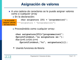 Curso 06/07
Programación I: Estructuras de datos. Tema 5 - 23
Asignación de valores
Asignación de valores
 A una cadena d...