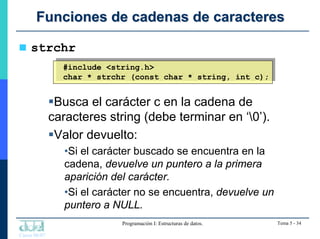Curso 06/07
Programación I: Estructuras de datos. Tema 5 - 34
Funciones de cadenas de caracteres
Funciones de cadenas de c...
