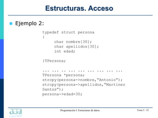 Curso 06/07
Programación I: Estructuras de datos. Tema 5 - 52
Estructuras. Acceso
Estructuras. Acceso
 Ejemplo 2:
typedef...