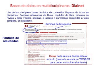 Bases de datos en multidisciplinares: Dialnet
  Una de las principales bases de datos de contenidos hispanos de todas las
  disciplinas. Contiene referencias de libros, capítulos de libro, artículos de
  revista y tesis. Facilita, además, el acceso a numerosos contenidos a texto
  completo. En castellano.
                                     Términos de búsqueda




Pantalla de
resultados




                                         Datos de la revista donde está el
                                       artículo (busca la revista en TROBES
                                          para poder consultar el artículo)
 
