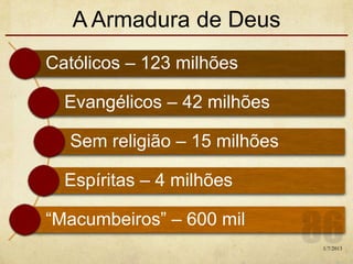 A Armadura de Deus
Católicos – 123 milhões
Evangélicos – 42 milhões
Sem religião – 15 milhões
Espíritas – 4 milhões
“Macumbeiros” – 600 mil
1/7/2013
 