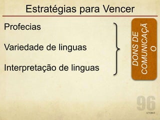 Estratégias para Vencer
Profecias
Variedade de linguas
Interpretação de linguas
1/7/2013
DONSDE
COMUNICAÇÃ
O
 