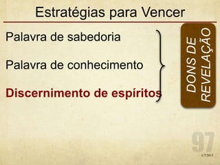 Estratégias para Vencer
Palavra de sabedoria
Palavra de conhecimento
Discernimento de espíritos
1/7/2013
DONSDE
REVELAÇÃO
 