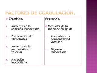     Trombina.                 Factor Xa.

1.    Aumento de la                Mediador de la
      adhesión leucocitaria.        inflamación aguda.

2.    Proliferación de         1.    Aumento de la
      fibroblastos.                  permeabilidad
                                     vascular.
3.    Aumento de la
      permeabilidad            2.    Migración
      vascular.                      leucocitaria.

4.    Migración
      leucocitaria.
 
