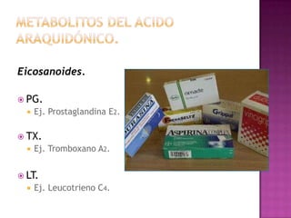Eicosanoides.

 PG.
     Ej. Prostaglandina E2.

 TX.
     Ej. Tromboxano A2.


 LT.
     Ej. Leucotrieno C4.
 