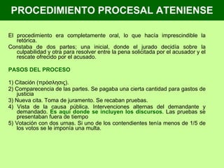PROCEDIMIENTO PROCESAL ATENIENSE El procedimiento era completamente oral, lo que hacía imprescindible la retórica. Constaba de dos partes; una inicial, donde el jurado decidía sobre la culpabilidad y otra para resolver entre la pena solicitada por el acusador y el rescate ofrecido por el acusado.  PASOS DEL PROCESO 1) Citación (πρόσλησις). 2) Comparecencia de las partes. Se pagaba una cierta cantidad para gastos de justicia 3) Nueva cita. Toma de juramento. Se recaban pruebas. 4) Vista de la causa pública. Intervenciones alternas del demandante y demandado.  Es aquí donde se incluyen los discursos . Las pruebas se presentaban fuera de tiempo 5) Votación con dos urnas. Si uno de los contendientes tenía menos de 1/5 de los votos se le imponía una multa. 