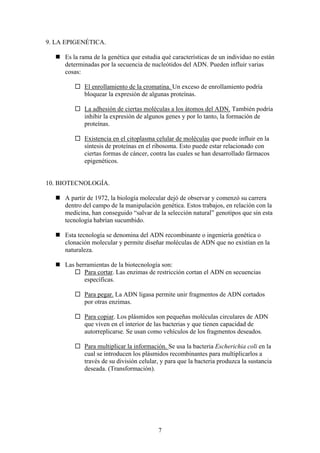 9. LA EPIGENÉTICA.

     Es la rama de la genética que estudia qué características de un individuo no están
     determinadas por la secuencia de nucleótidos del ADN. Pueden influir varias
     cosas:

            El enrollamiento de la cromatina. Un exceso de enrollamiento podría
            bloquear la expresión de algunas proteínas.

            La adhesión de ciertas moléculas a los átomos del ADN. También podría
            inhibir la expresión de algunos genes y por lo tanto, la formación de
            proteínas.

            Existencia en el citoplasma celular de moléculas que puede influir en la
            síntesis de proteínas en el ribosoma. Esto puede estar relacionado con
            ciertas formas de cáncer, contra las cuales se han desarrollado fármacos
            epigenéticos.


10. BIOTECNOLOGÍA.

     A partir de 1972, la biología molecular dejó de observar y comenzó su carrera
     dentro del campo de la manipulación genética. Estos trabajos, en relación con la
     medicina, han conseguido “salvar de la selección natural” genotipos que sin esta
     tecnología habrían sucumbido.

     Esta tecnología se denomina del ADN recombinante o ingeniería genética o
     clonación molecular y permite diseñar moléculas de ADN que no existían en la
     naturaleza.

     Las herramientas de la biotecnología son:
            Para cortar. Las enzimas de restricción cortan el ADN en secuencias
            específicas.

            Para pegar. La ADN ligasa permite unir fragmentos de ADN cortados
            por otras enzimas.

            Para copiar. Los plásmidos son pequeñas moléculas circulares de ADN
            que viven en el interior de las bacterias y que tienen capacidad de
            autorreplicarse. Se usan como vehículos de los fragmentos deseados.

            Para multiplicar la información. Se usa la bacteria Escherichia coli en la
            cual se introducen los plásmidos recombinantes para multiplicarlos a
            través de su división celular, y para que la bacteria produzca la sustancia
            deseada. (Transformación).




                                         7
 