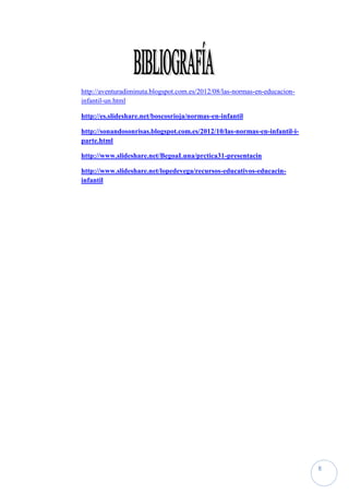 http://aventuradiminuta.blogspot.com.es/2012/08/las-normas-en-educacion-
infantil-un.html

http://es.slideshare.net/boscosrioja/normas-en-infantil

http://sonandosonrisas.blogspot.com.es/2012/10/las-normas-en-infantil-i-
parte.html

http://www.slideshare.net/BegoaLuna/prctica31-presentacin

http://www.slideshare.net/lopedevega/recursos-educativos-educacin-
infantil




                                                                           8
 