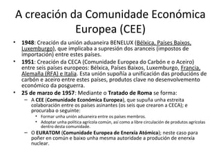 A creación da Comunidade Económica
            Europea (CEE)
•   1948: Creación da unión aduaneira BENELUX (Bélxica, Paíse...