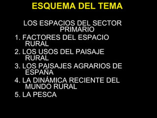 ESQUEMA DEL TEMA LOS ESPACIOS DEL SECTOR PRIMARIO 1. FACTORES DEL ESPACIO RURAL 2. LOS USOS DEL PAISAJE RURAL 3. LOS PAISAJES AGRARIOS DE ESPAÑA 4. LA DINÁMICA RECIENTE DEL MUNDO RURAL 5. LA PESCA 