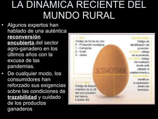 LA DINÁMICA RECIENTE DEL MUNDO RURAL Algunos expertos han hablado de una auténtica  reconversión encubierta  del sector agro-ganadero en los últimos años con la excusa de las pandemias. De cualquier modo, los consumidores han reforzado sus exigencias sobre las condiciones de  trazabilidad  y cuidado de los productos ganaderos 
