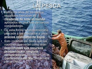 LA PESCA Hasta los años 80 los barcos españoles faenaban en  caladeros de todo el mundo , apoyados en una flota de barcos congeladores.  De esta forma se proporcionaba pescado a los mercados a unos  precios relativamente bajos .  Esto continuó así hasta que las naciones que veían como eran  esquilmados sus recursos pesqueros sin ninguna compensación  decidieron, en la  Conferencia del Mar  auspiciada por la ONU  