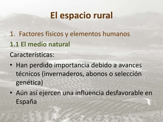 El espacio rural
1. Factores físicos y elementos humanos
1.1 El medio natural
Características:
• Han perdido importancia debido a avances
técnicos (invernaderos, abonos o selección
genética)
• Aún así ejercen una influencia desfavorable en
España
 