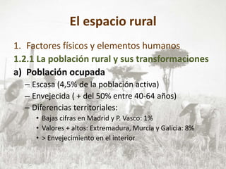El espacio rural
1. Factores físicos y elementos humanos
1.2.1 La población rural y sus transformaciones
a) Población ocupada
– Escasa (4,5% de la población activa)
– Envejecida ( + del 50% entre 40-64 años)
– Diferencias territoriales:
• Bajas cifras en Madrid y P. Vasco: 1%
• Valores + altos: Extremadura, Murcia y Galicia: 8%
• > Envejecimiento en el interior
 