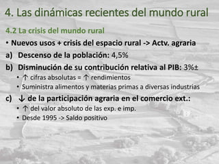 4. Las dinámicas recientes del mundo rural
4.2 La crisis del mundo rural
• Nuevos usos + crisis del espacio rural -> Actv. agraria
a) Descenso de la población: 4,5%
b) Disminución de su contribución relativa al PIB: 3%±
• ↑ cifras absolutas = ↑ rendimientos
• Suministra alimentos y materias primas a diversas industrias
c) ↓ de la participación agraria en el comercio ext.:
• ↑ del valor absoluto de las exp. e imp.
• Desde 1995 -> Saldo positivo
 
