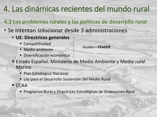 4. Las dinámicas recientes del mundo rural
4.3 Los problemas rurales y las políticas de desarrollo rural
• Se intentan solucionar desde 3 administraciones
• UE: Directrices generales
 Competitividad
 Medio ambiente
 Diversificación económica
 Estado Español: Ministerio de Medio Ambiente y Medio rural
Marino
 Plan Estratégico Nacional
 Ley para el Desarrollo Sostenible del Medio Rural
 CCAA
 Programas Rural y Directrices Estratégicas de Ordenación Rural
Ayudas = FEADER
 