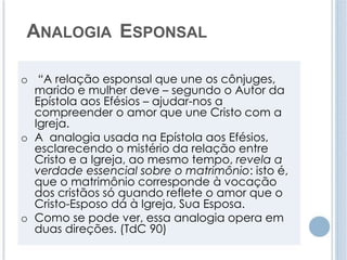 ANALOGIA ESPONSAL 
o “A relação esponsal que une os cônjuges, 
marido e mulher deve – segundo o Autor da 
Epístola aos Efésios – ajudar-nos a 
compreender o amor que une Cristo com a 
Igreja. 
o A analogia usada na Epístola aos Efésios, 
esclarecendo o mistério da relação entre 
Cristo e a Igreja, ao mesmo tempo, revela a 
verdade essencial sobre o matrimônio: isto é, 
que o matrimônio corresponde à vocação 
dos cristãos só quando reflete o amor que o 
Cristo-Esposo dá à Igreja, Sua Esposa. 
o Como se pode ver, essa analogia opera em 
duas direções. (TdC 90) 
 