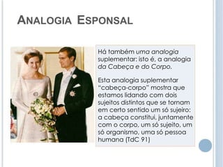 ANALOGIA ESPONSAL 
Há também uma analogia 
suplementar: isto é, a analogia 
da Cabeça e do Corpo. 
Esta analogia suplementar 
“cabeça-corpo” mostra que 
estamos lidando com dois 
sujeitos distintos que se tornam 
em certo sentido um só sujeiro: 
a cabeça constitui, juntamente 
com o corpo, um só sujeito, um 
só organismo, uma só pessoa 
humana (TdC 91) 
 